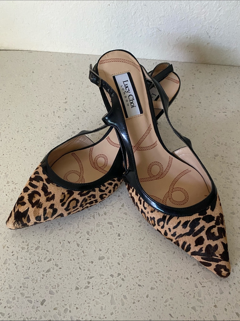 Lucy Choi London Leopard Print Slingback Kitten Heels - Black Trim